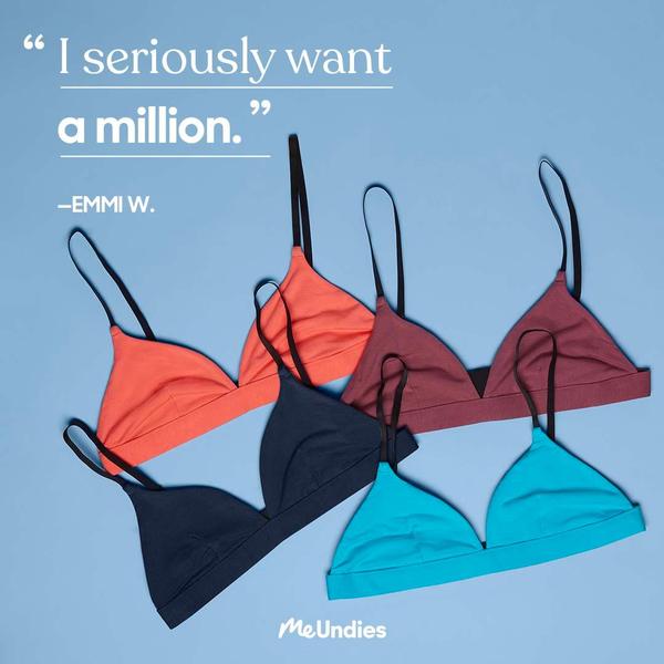 bras, bralettes, wireless bras, triangle bras, sports bras, lingerie, undergarments, social proof, brand awareness, minimalist, playful, fresh, blue, orange